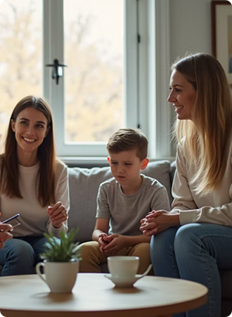 Woman working with kids at home